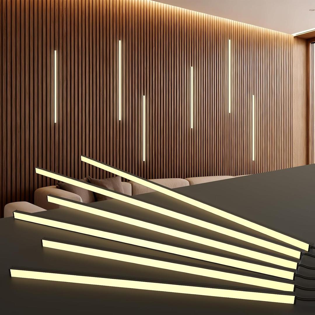 NeatiEase LED Recessed Lighting Kit for Wood Slat Wall Panel, 6 Pcs Self-adhesive 3000K Warm LED Light with Smart Switch and Adjustable Brightness for Cabinet, Headboards, Kitchen (2*24"+2*20"+2*16")