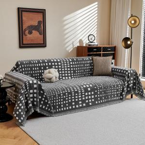MEETSKY Boho Couch Cover Sofa Covers, Chenille Geometric Dark Grey Couch Covers for 2 Cushion Couch Sofa for Dogs, Washable Slipcover for Cat Sofa Protector with Tassels, 71" x 118"