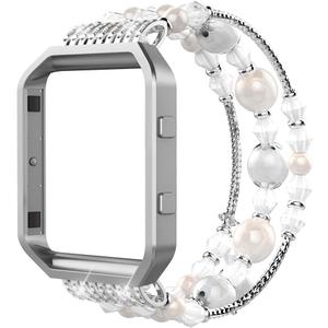 Simpeak Fashion Elastic Band Compatible with Fitbit Blaze Smartwatch Fitness, Large(7.28") Handmade Beaded Jewelry Bracelet Band Strap Replacement for Fit bit Blaze Women, White