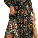 Women's Long Maxi Dress Sexy Off Shoulder Floral Dress Ruffle Short Sleeve Smocked Flowy A Line Boho Dress (Black, XL)