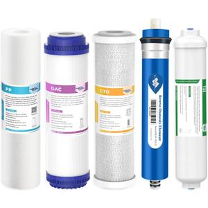 Membrane Solutions Reverse Osmosis Filter Replacement, 75 GPD Complete Replacement Filter Set For 10-inch Under Sink 5-Stage Reverse Osmosis Replacement Water Filter System