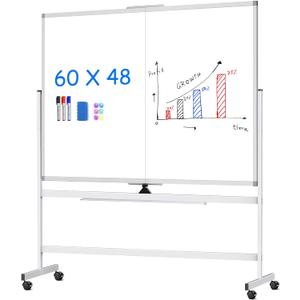 maxtek 60 x 48 Double Sided Rolling Whiteboard, Mobile Whiteboard Magnetic White Board - Large Reversible Dry Erase Board Easel Standing Board on Wheels with Stand (60 x 48) (60x48 inch Silver)