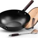 13.5" Carbon Steel Wok Pan - Pre-Seasoned Flat Bottom Woks & Stir-fry Pans Chinese Cookware with Lid & Spatula - For Pan-fry,Stir Fry, Steam, BBQ & Camping - Compatible with Induction, Gas