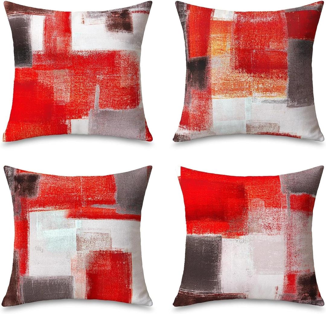Red and Grey Abstract Art Throw Pillow Covers 4 Packs, 18x18 Inch Gallery Modern Decorative Pillow Cases, Soft Cushion Covers for Sofa Couch Bedroom Living Room Farmhouse Office, Home Decor Red Gray