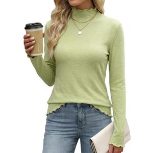 Women's Long Sleeve Shirts Elegant Slim Fit Lettuce Trim Mock Neck Basic Soft Casual Layering Tops (M)