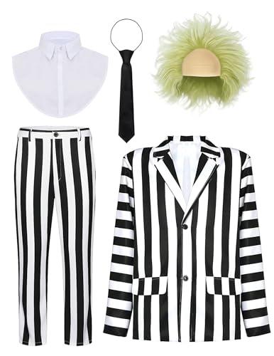 WATCPNO 6 Pcs Scary Halloween Costumes for Men - Black and White Striped Suit 80s Horror Cosplay Party Outfit (XL)