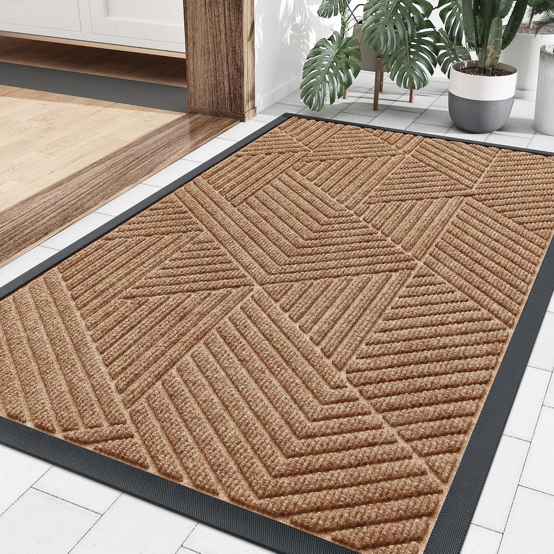 Smiry Front Door Mat Outside Entrance, Heavy Duty Sturdy Natural Rubber Doormat, Trap Dirt and Moisture, Easy Clean Low Profile Mats for Indoor Outdoor Entry, Irregular Triangle (71x34, Coffee)