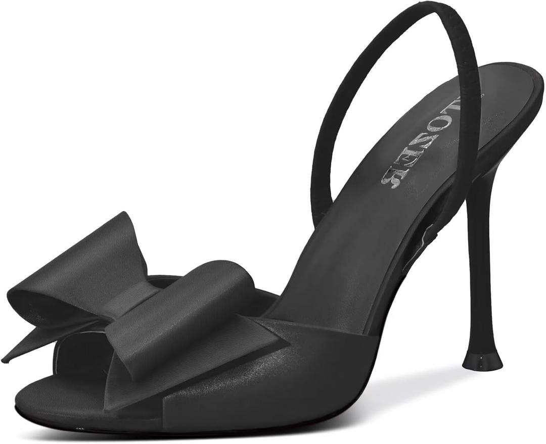 TOZER Women's Satin Mules Pointed Toe Slingback High Heels Bow Stiletto Sexy Heels Wedding Party Shoes，Black，Size 10