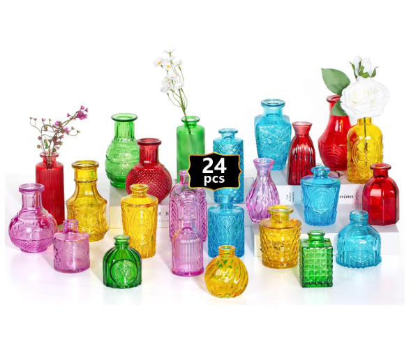 Anquephd 24PCS Mini Bud Vases As Wedding Centerpieces for Tables, Colorful Bud Vases for Flowers, Small Flower Vases Suitable for Birthday Party, Anniversary, Wedding Reception, Baby Shower (Colorful)