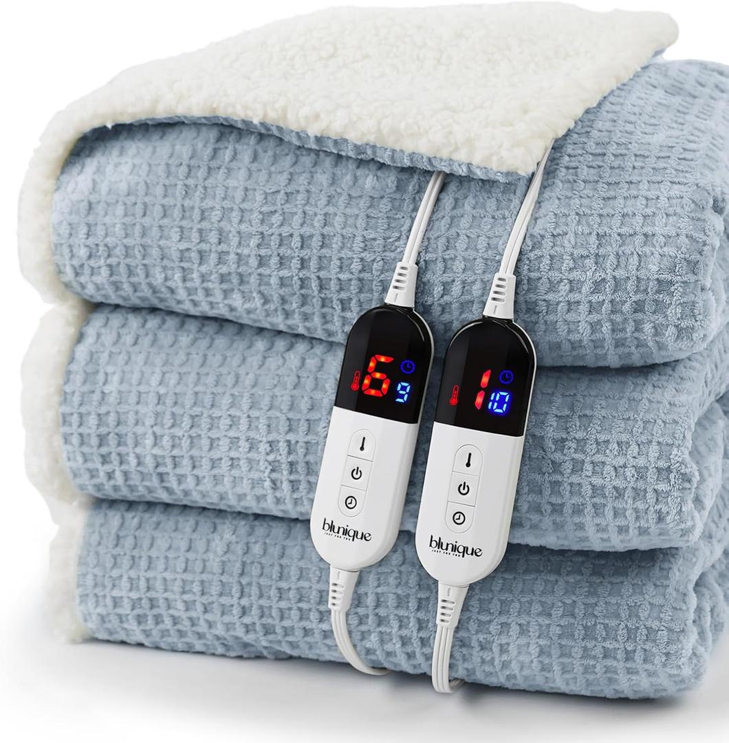 Heated Blanket Electric Blanket King Waffle, 90x100 Inches Dual Controllers Sherpa Fleece Fast Heating Blanket 6 Heating Levels & 10 Hours Auto Off ETL Certification, Haze Blue King