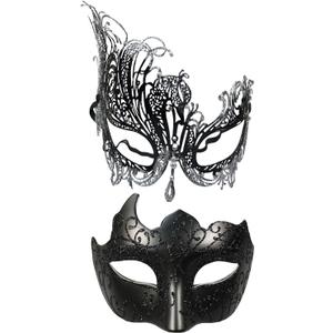 Masquerade Mask for Couple Mardi Gras Venetian Party Mask Set Halloween Costume Accessory (Glitter Black)
