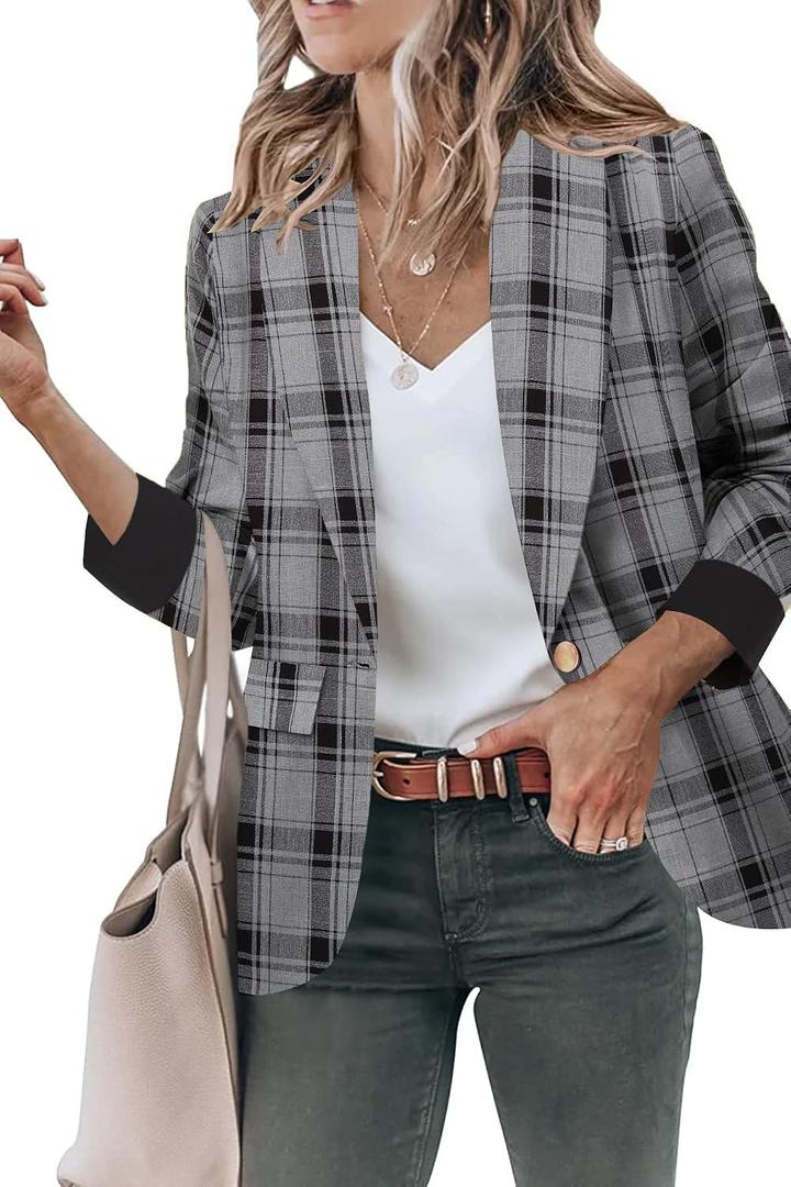 Genhoo Blazer Jackets for Women 3/4 Sleeve Business Casual Work Outfit (Gray, XXL)
