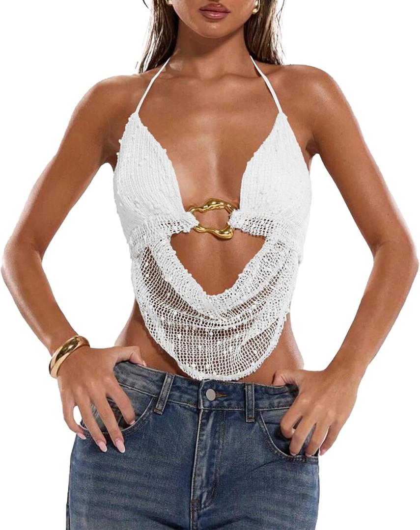 Women's Crochet Halter Crop Tank Top Open Back Tie Metal Ring Rave Sexy Y2K Going Out Tops for Women Party Club (White, S)
