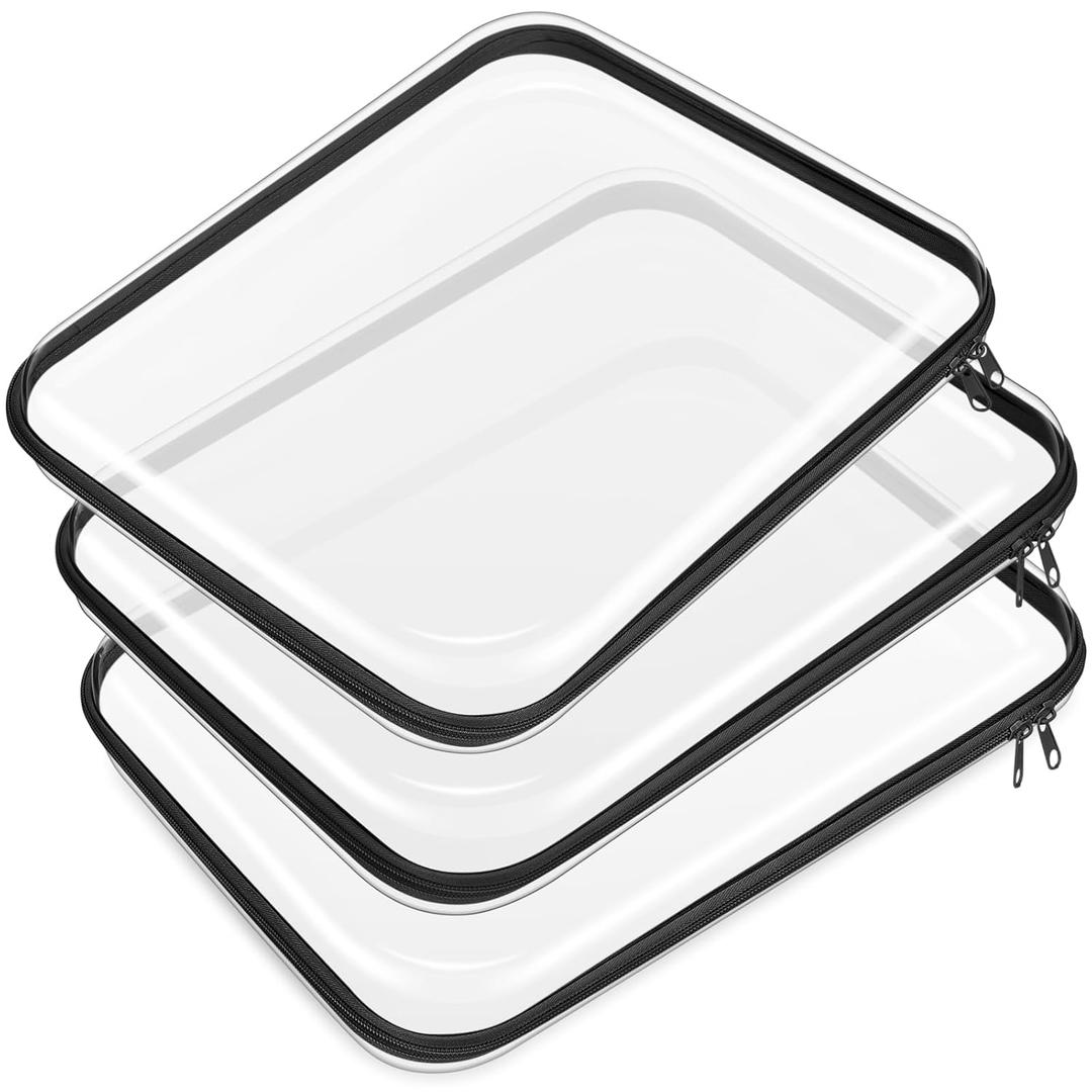 Hoolerry 3 Pcs Clear Hard Zipper Case Hard Plastic Zipper Pouch Makeup Bag Portable Travel Organizer for Cosmetics, Office Supplies, Documents & Toiletries(Black,L)