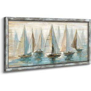 Beach Pictures Wall Decor Framed: Large Coastal Artwork Sailboat Picture Wall Art Abstract Painting on Ocean Seaside Wooden Art for Bedroom(48x24)