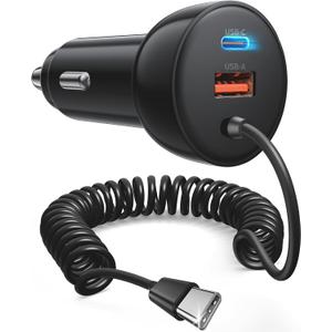 iPhone 17e 17 16 15 Pro Max Car Charger Fast Charging, 3-Port 90W Fast USB C Car Charger Adapter Cigarette Lighter with 4FT Coiled USB C Cable for iPhone 17e/17/17 Pro Max/Air/16/15 Pro/Plus, iPad