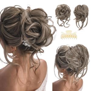SARLA 2PCS Grey Messy Bun Hair Pieces for Women Detachable Claw Clip Wavy Curly Synthetic Hairpieces for Updos with Tendrils Fake Scrunchies Ponytail Extension Middle Grey