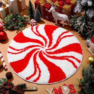 Tinideya Christmas Bathroom Rugs 24 Inch Candy Bathroom Decor Non Slip Christmas Bath Mat Soft Washable Red and White Candy Shower Floor Mat for Tub Living Dining Holiday Bedroom Home Decor