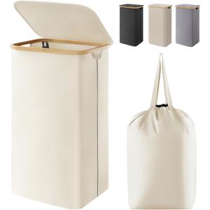 Lifewit 100L Laundry Basket with Lid, Clothes Hampers for Laundry with Bamboo Handles and A Removable Bag, Large Foldable Laundry Hamper for Bedroom, Bathroom, Dorm, Laundry Room, White