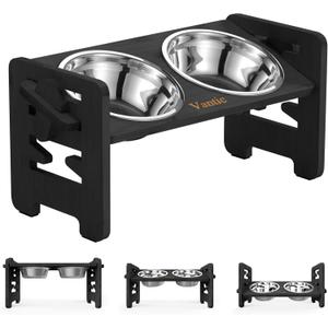 Vantic Elevated Dog Bowls, Adjustable Raised Dog Bowl Stand for Small Puppy and Cats, Sturdy Bamboo Pet Food Feeder with 2 Stainless Steel Dishes, Black
