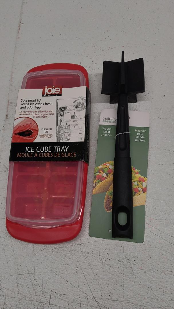 Joie Standard Ice Cube Tray, Covered and Stackable, No-Spill Removable Lid, Pop Open Door for Easy Refills, Keeps Ice Fresh, Freezer Durable, Dishwasher Safe, Colors May Vary And Nylon Meat & Potato Masher, Heat-Resistant and Safe for Non-Stick Cookw