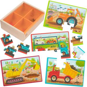 B. toys  Wooden Puzzle Set  Car Carrier, Loader, Excavator, Dump Truck  12 Pieces Jigsaw Puzzles for Kids  3+ Years Pack o' Puzzles  Trucks