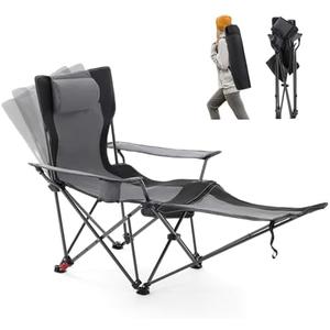 Reclining Camping Chair with Foot Rest, Folding Lounge Chairs for Adults,Outdoor Chair Support 300 lbs with Adjustable Backrest &Cup Holder Portable Recliner Beach Chairs for Lawn Outside,Gray