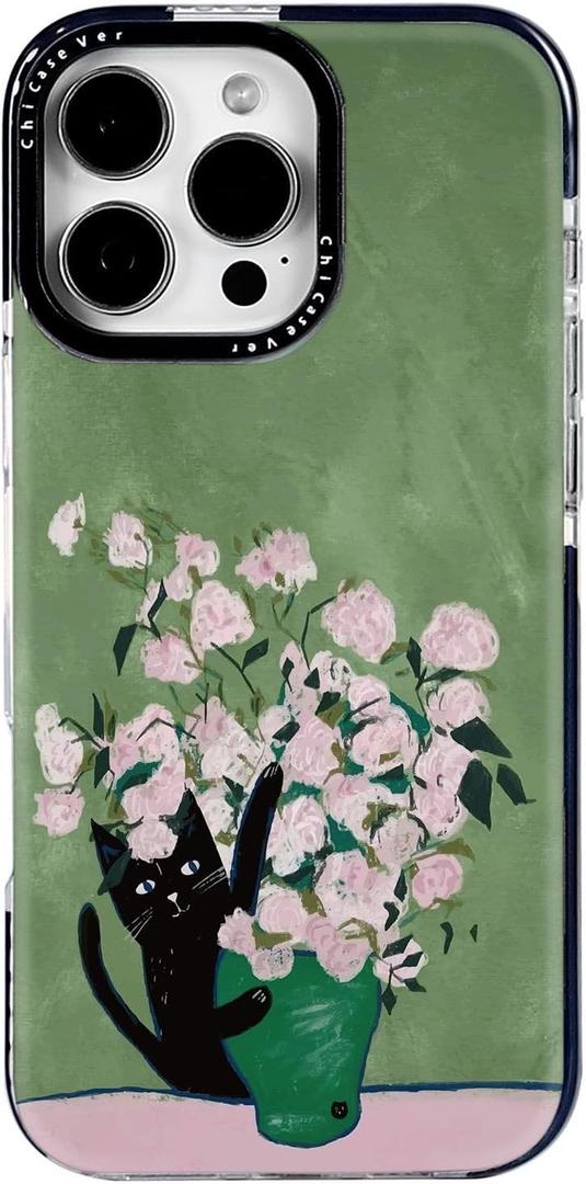 for iPhone 16 Pro Case, Vintage Cat&Floral Design, Military-Grade Drop Protection, Cute Soft Slim TPU Protective Cover with Camera Protection for Women & Girls