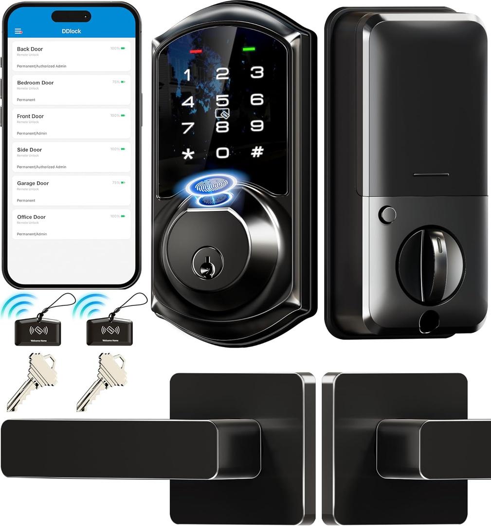 Veise VE07-L Fingerprint Smart Locks for Front Door with 2 Lever Handle Set, App Control, Keyless Entry, Electronic Digital Keypad Deadbolt, Auto Lock, Waterproof, Easy to Install, Matte Black