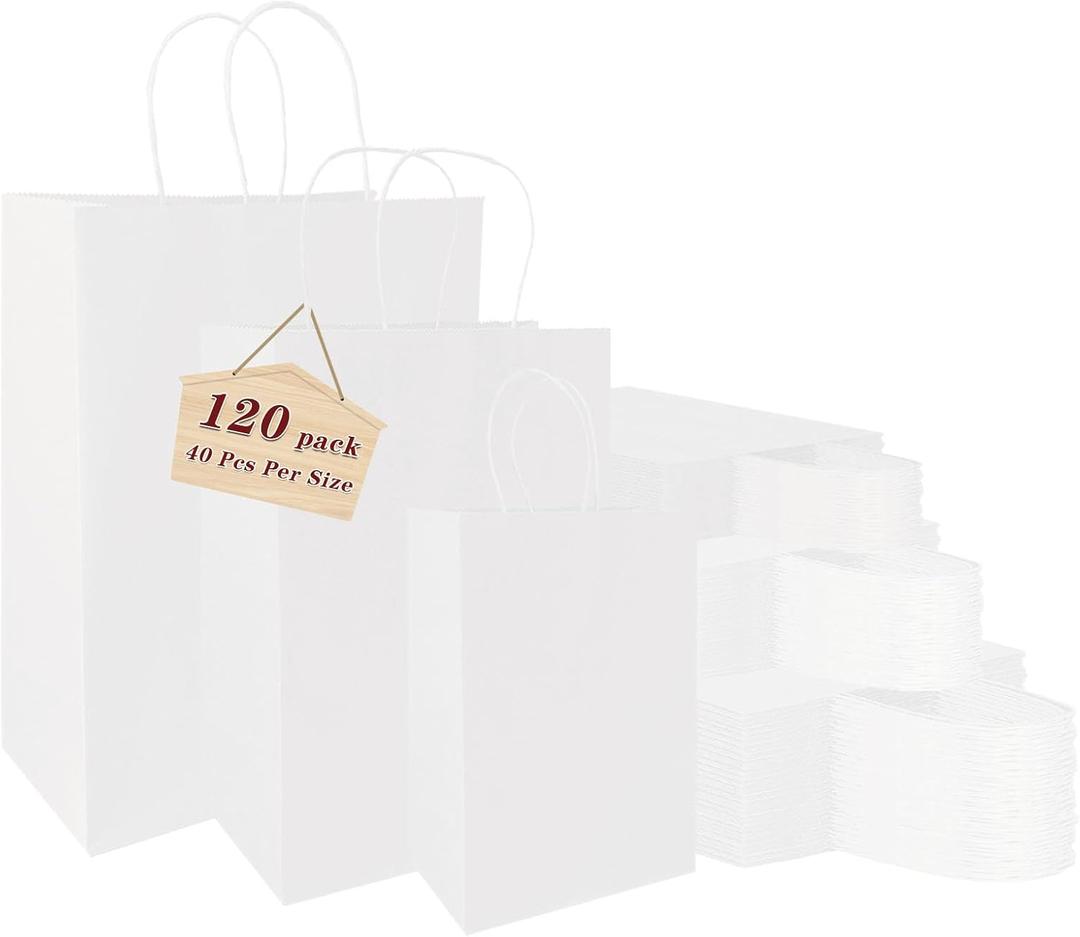 vanhel 120 pack White Gifts Bags with Handles Assorted Sizes Mixed Sizes Bulk Kraft Paper Gift Bags Take Out Bags for Business, Merchandise, Shopping, Retail, Favors Grocery
