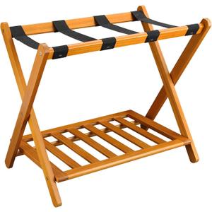 Casual Home Foldable Solid Wood Fully-Assembled Luggage Rack, 26.75"Wide with Shelf, Honey Oak