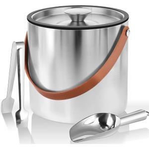 Bakpoco Double-Wall Vacuum Insulated Ice with Lid, Scoop, Ice Tong, Strainer & Leather Handle Keep Ice Frozen Longer Large Ice Buckets for Cocktail Bar,Parties Chilling Beer Champagne 3L (Silver Classic Tan Handle)