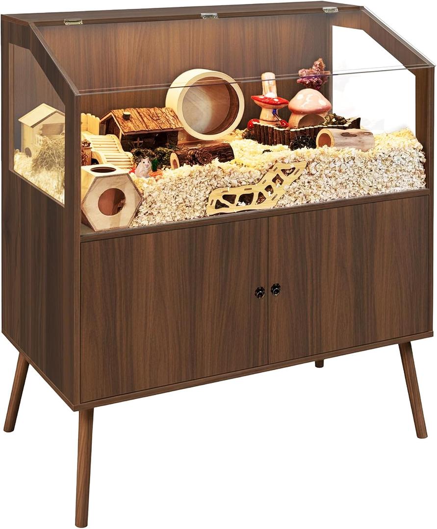 PROLEE Hamster Cage with Storage Cabinet,Large Hamster Encloure Chew Proof Wood,Clear View Hamster Habitat for Guinea Pig, Ferret, Rat, Hedgehog，47“ X 40” X 20“ (Walnut)