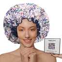 Luxury Reusable Extra Large Shower Cap for Women Double Layered Shower Caps for Long Hair with Adjustable Elastic Strap, Leakproof Nonslip Large Satin Lined Shower Bath Cap for All Hair Lengths