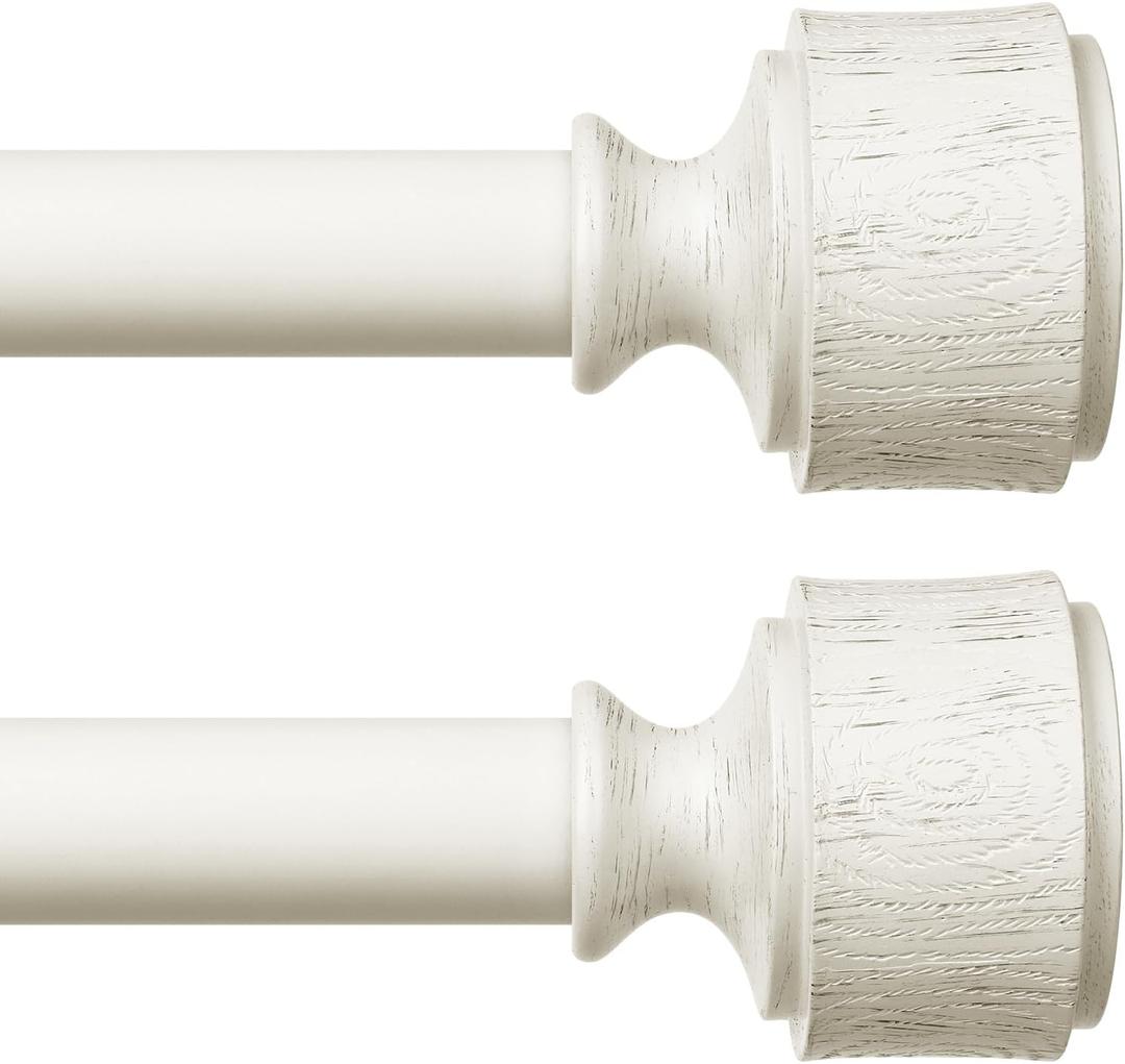 2 Pack Antique White Wood Curtain Rod, Decorative Heavy Duty Curtain Rods for Windows 48 to 84 Inch, Adjustable Rustic Farmhouse 1'' Metal Drapery Pole with Modern Faux Wood Grain Finials