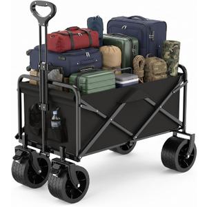 300L Collapsible Wagon Cart 250LB Foldable Garden Cart with All Terrain Wheels, Heavy Duty Utility Wagon with Cup Holders for Shopping/Beach/Garden/Camping/Sports, Black