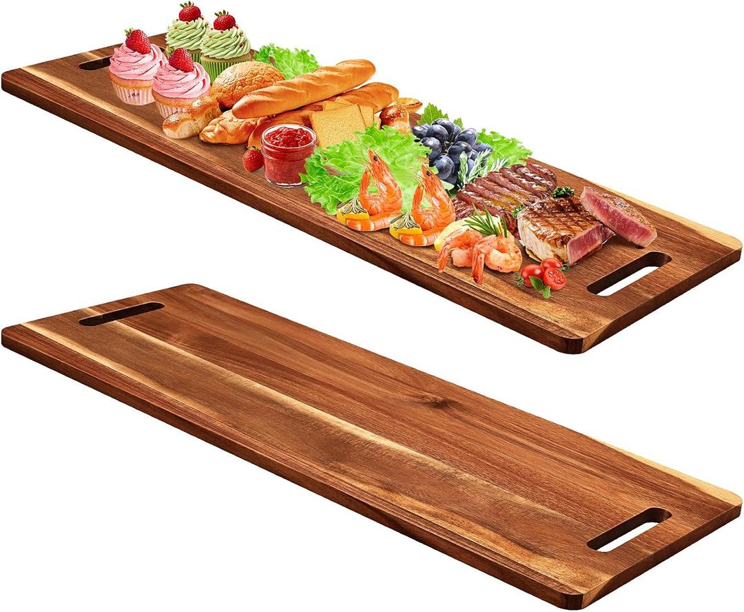 Bokon 2 Pcs Acacia Wooden Charcuterie Boards Acacia Serving Board with Handle Rectangular Hollow Handle Wood Tray Wooden Serving Platter Wood Server for Cheese Food(30 x 12 Inch)