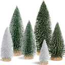 Hatisan 6pcs Mini Christmas Trees Small Bottle Brush Trees with Wooden Base, Artificial Christmas Trees for Village Tabletop Home Room Party Craft Christmas Decor Indoor(Green,Silver)