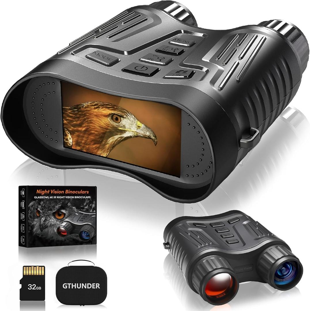 GTHUNDER Night Vision Goggles, Night Vision Binoculars  4K UHD Video, 52MP Photos, App Remote Control, 10X Zoom, 4" HD Screen, 984ft, 7-Level IR, 4000mAh, 32GB Card  Ideal for Hunting & Security