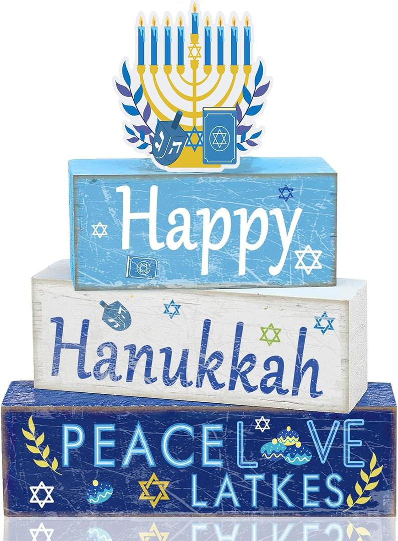 4 Pcs Hanukkah Table Decorations for Home Wooden Chanukah Decor Wooden Menorah Decoration Hanukkah Centerpiece Menorah Block Signs Gift Farmhouse Jewish New Year Decoration for Home