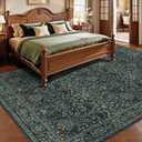 Woaboy Washable 8x10 Area Rug for Living Room Bedroom Dining Room Under Kitchen Table,Non-Slip Low Pile Stain Resistant Soft Large Carpet for Vintage Floral Oriental Home Decor Dark Green/Navy/Black