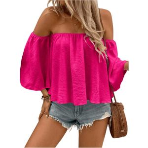 SweatyRocks Women's Sexy Cute Off Shoulder Ruffle Hem Flowy Chiffon Blouses Top (Hot Pink)