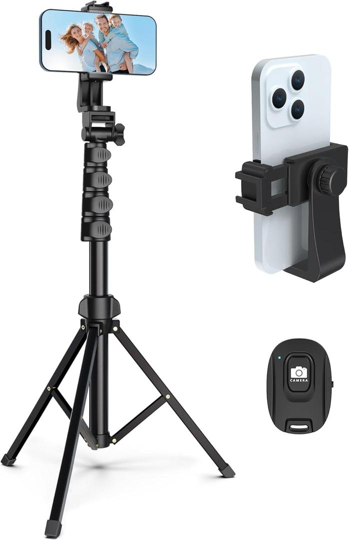 64 Tripod for Cell Phone & Camera, Phone Tripod with Remote and Phone Holder, Sturdy & Stable Height Adjustable Multi-Angle Shot Selfie Stick Tripod for Video Recording (64 in)