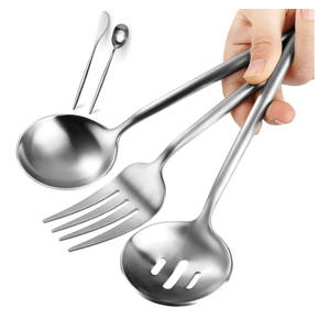 Large Serving Utensils Set,5 Pcs Stainless Steel Silver Serving Utensils with 10.8 Inch Serving Fork,10.3 Inch Serving Spoon,Slotted Serving Spoons,Sugar Spoons,Butter Knife for Party Buffet Banquet