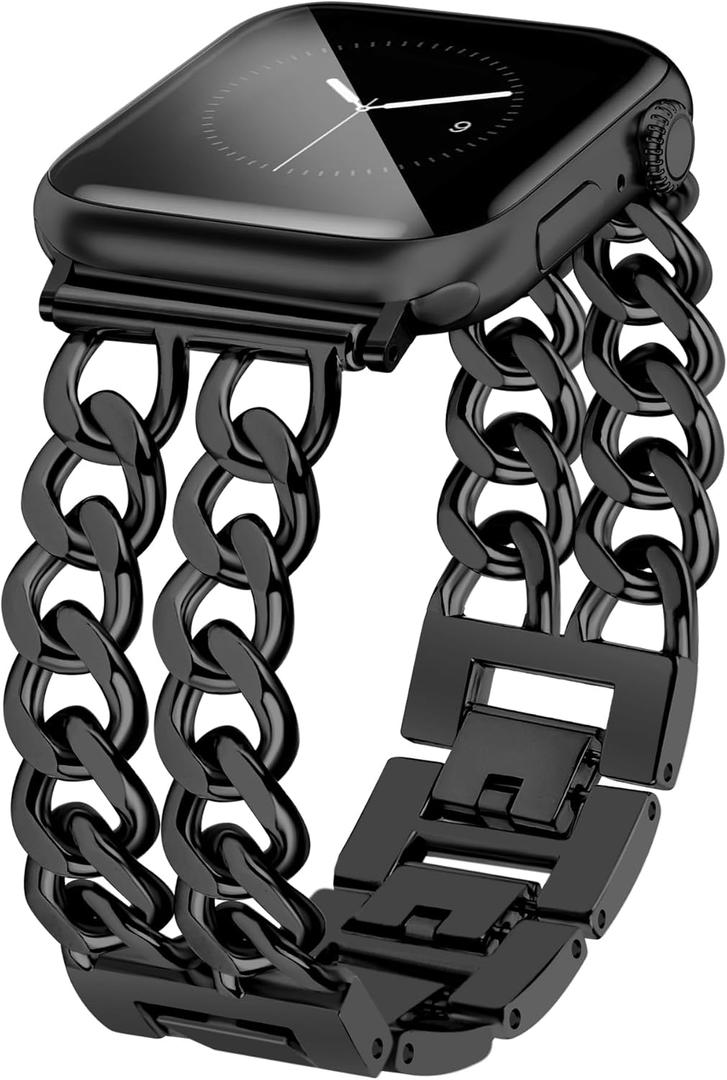 JR.DM Black Watch Bands for Women Compatible with Apple Watch Band 38mm 40mm 41mm Adjustable Metal Band Cowboy Steel Chain Bracelet for iWatch Series 9/ 8/ 7/ 6/ 5/ 4/ 3/ 2/ 1/ SE/ Ultra 
