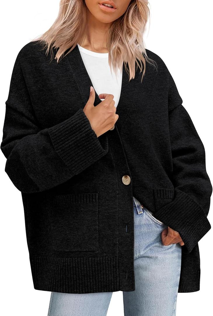PRETTYGARDEN Women's 2026 Oversized Cardigan Sweaters Trendy Chunky Knit Long Sleeve V Neck Button Down Fall Winter Outfits (Large, Black)