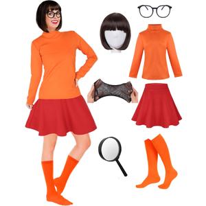 Women Costume Adult Top Skirt and Socks, Bob Wig, Glasses, Magnifying Glass for Halloween Women Cosplay Set (XL)