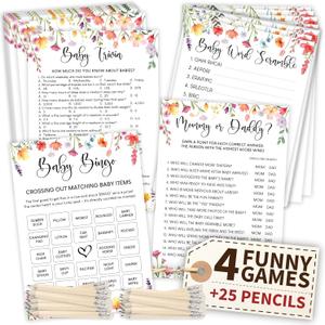 Funny Baby Shower Games For Girl - Floral Baby Shower Bingo Cards For 25 Guests, Word Scramble Trivia Mommy Or Daddy Game, Wildflower Baby Shower Decorations Ideas