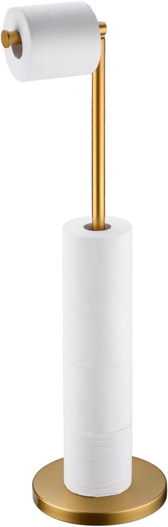 BAGNOLUX Bathroom Toilet Paper Holder Stand with Reserve, SUS304 Stainless Steel Rustproof Pedestal Tissue Roll Holder Heavy Duty (Brushed Brass)