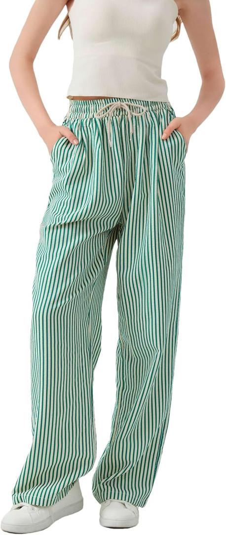 Women's Casual Striped Wide Leg Pants Y2k Drawstring Elastic High Waisted Trousers Loose Lounge Palazzo Pants (M)